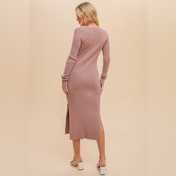 🆕Hem & Thread Ribbed Dress Bodycon Split Sides Button Down Mauve Rose Color - Picture 3 of 8